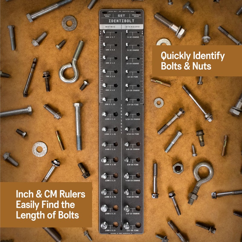 Stupid Simple Tools SST - Original Identibolt - Precise Threadchecker and Wall Mount - Imperial SAE and Metric Threads - 28 Nuts & Bolts Identifier - from #6 to Â½ & 4mm to 14mm - in. and Cm. Rulers - Made in USA - Image 3